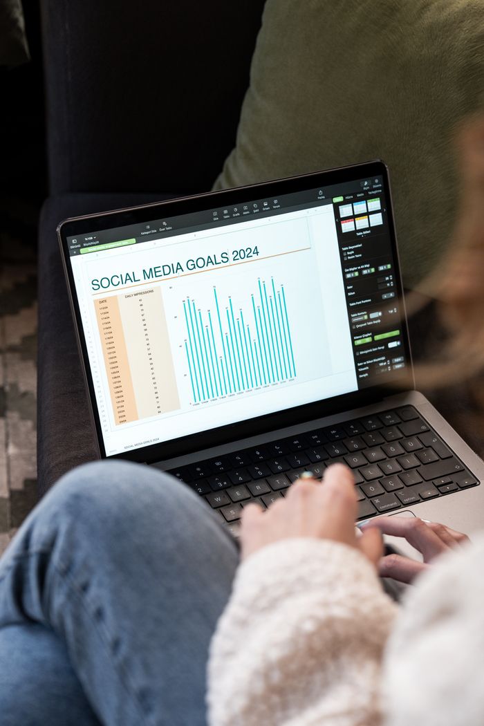 why-choose-us Woman reviewing 2024 social media goals chart on laptop indoors.